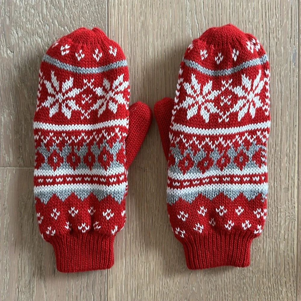 Red White Grey Fair Isle Mittens Gloves